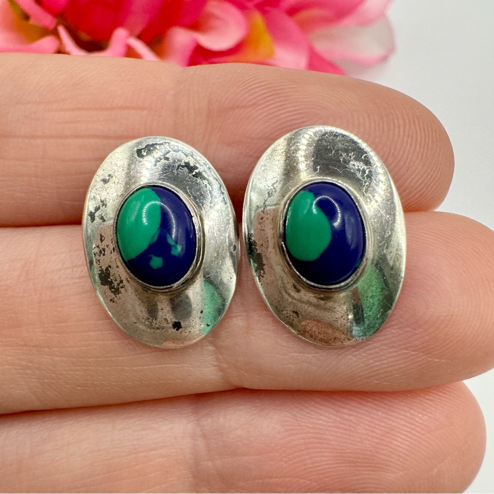 Vintage SJ Selena Jake Navajo Handmade Azurite Stud Earrings Sterling Silver 925